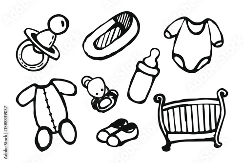 Baby Essentials Illustration: A charming collection of essential baby items, delicately illustrated with simple lines. A perfect representation of new beginnings, infancy and comfort.