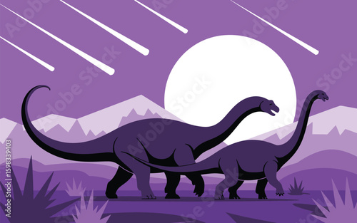 Two Apatosaurus Dinosaurs Silhouette Under Meteor Shower Night Landscape