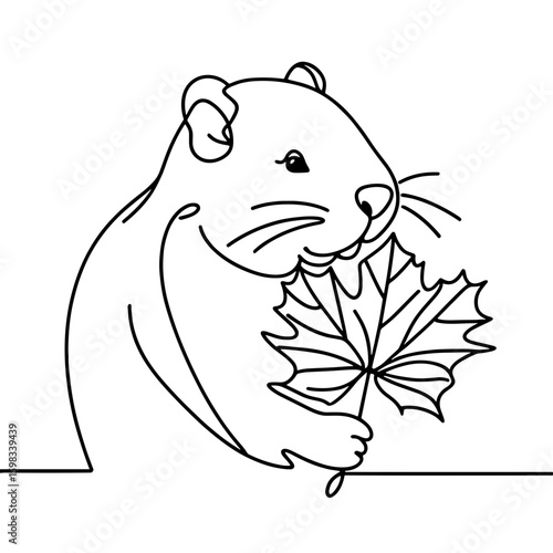 Beaver holds maple leaf outline drawing, vector, black line drawing, minimalistic, single line, simple line, isolated, transparent background 