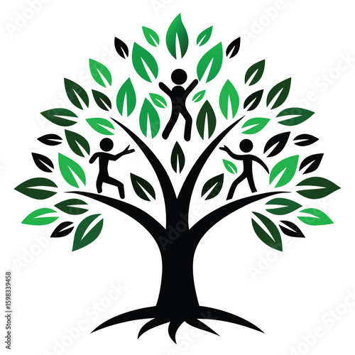Stylized tree with black figures and green leaves vector