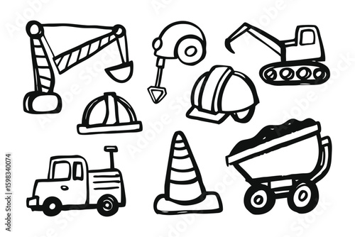 Construction Icons Doodle: A collection of whimsical doodles, embodying the spirit of construction. The minimalist aesthetic enhances the playful.