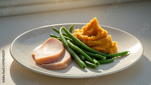 Healthy meal of sliced turkey breast, mashed sweet potatoes, and green beans.