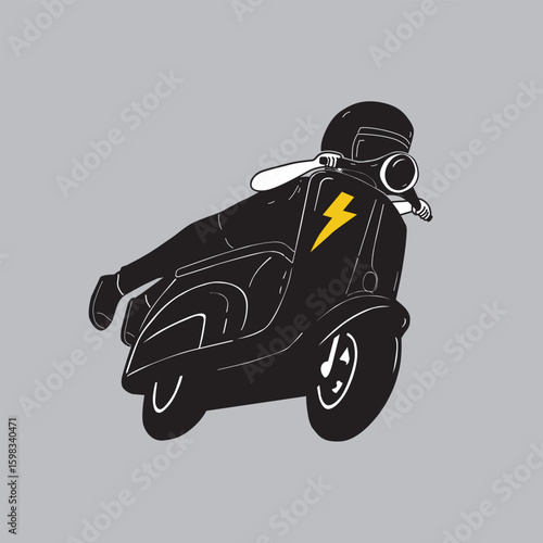 Classic vintage retro scooter in black illustration vector with the rider in flying racing position and a yellow lightning design on the legs shield. A minimal design.