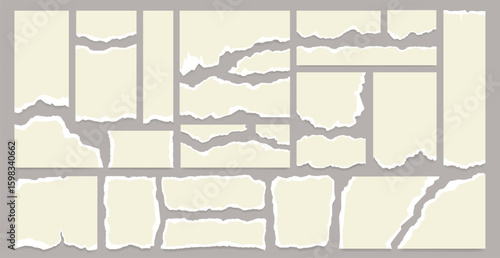 Grunge style notebook page, torn retro paper banner and ripped newspaper strip collage for corporate business. Scrap text message background with uneven texture and realistic shadow. Sticky note tape.