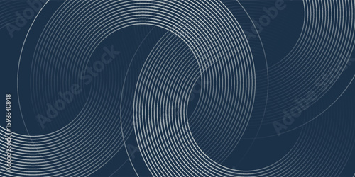 Elegant abstract golden geometric lines on dark blue background. Glowing gold circle lines pattern.