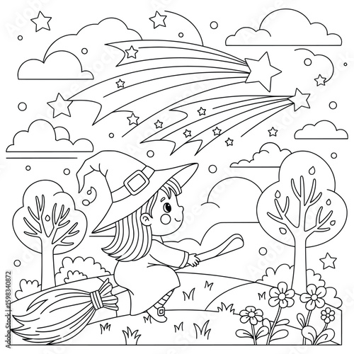 Cute little witch flying on broomstick under shooting stars in magical night sky – black and white cartoon line art for Halloween coloring pages