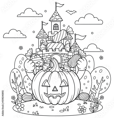 Cartoon Halloween pumpkin holding candies in front of a spooky castle – black and white line art for fun coloring pages