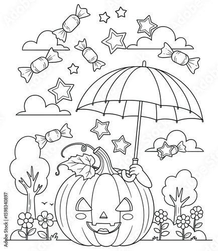 Smiling Halloween pumpkin holding umbrella with falling candies and stars – cute black and white cartoon line art for kids coloring book