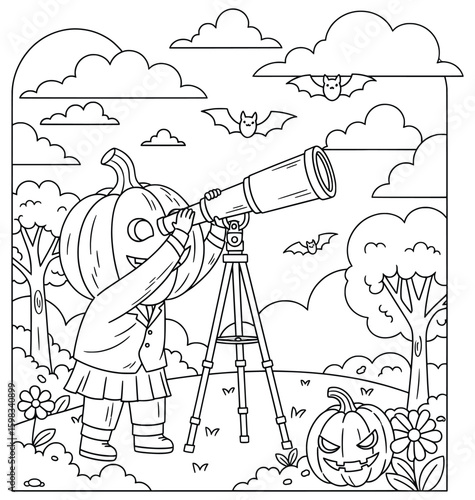 Halloween character with pumpkin head using telescope to observe bats in the night sky – fun black and white cartoon line art for kids coloring book