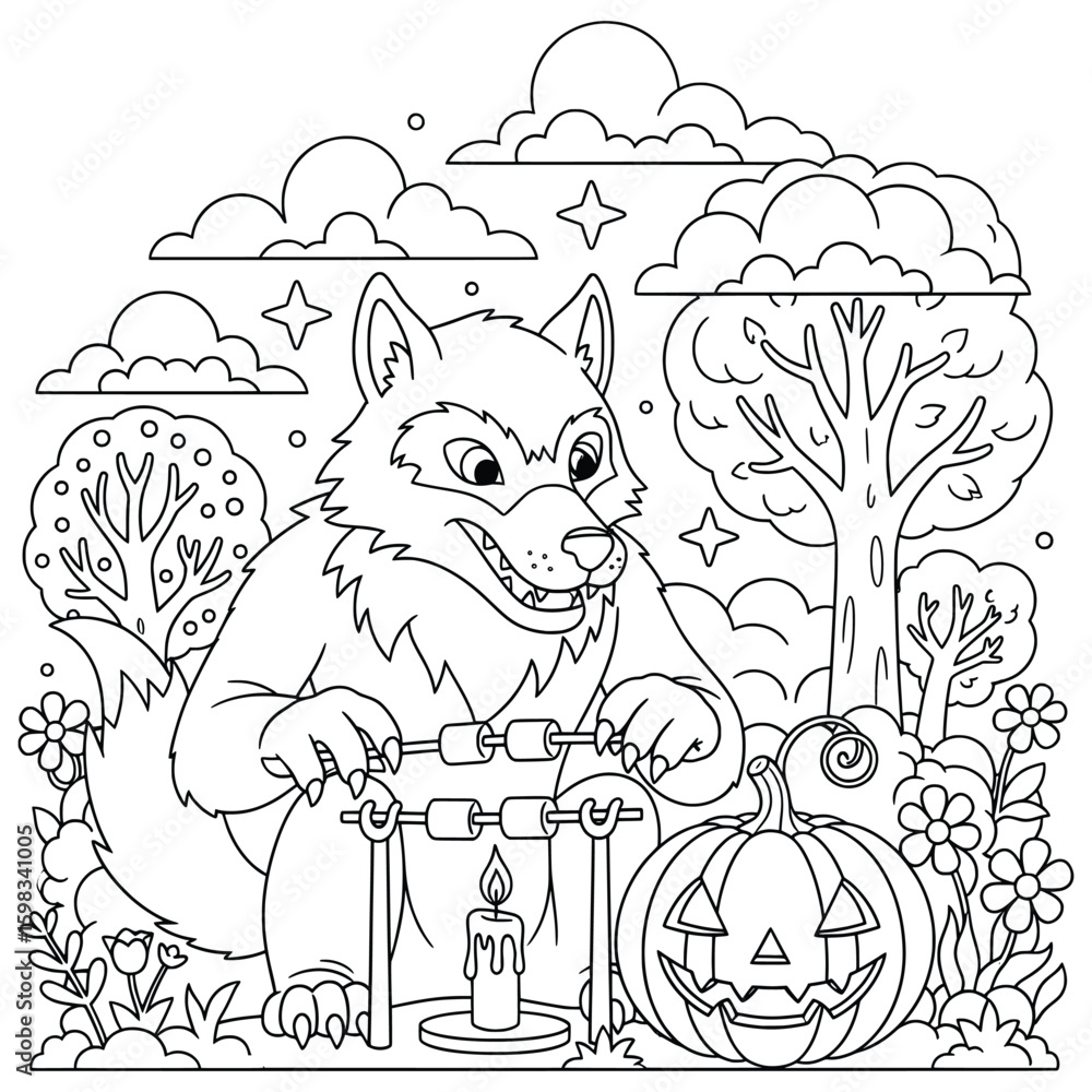 Obraz premium Cartoon werewolf roasting marshmallows over candle beside Halloween pumpkin – black and white Halloween line art for kids coloring pages