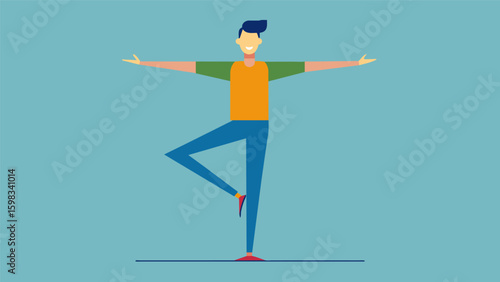 A man standing on one leg with his arms stretched out symbolizing balance and concentration.. Vector illustration