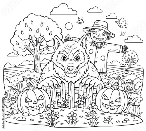 Scary cartoon werewolf behind fence in Halloween pumpkin field with scarecrow – black and white line art for kids coloring pages