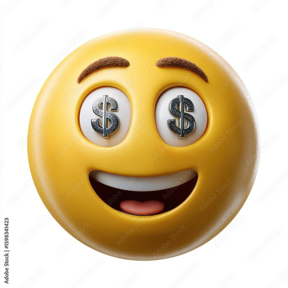 Fototapeta premium A yellow emoji face with dollar signs in its eyes isolated on white background