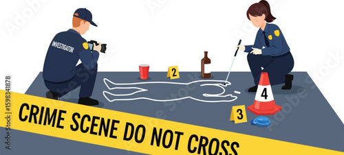 Crime scene investigation vector illustration with investigators and evidence