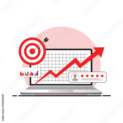 Computer with Goal Arrow and Rating Star Vector Illustration. Reputation Marketing Concept Design