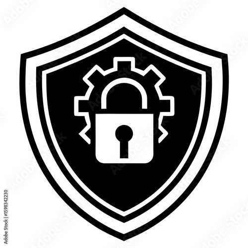 Secure system icon with lock and gear inside a shield