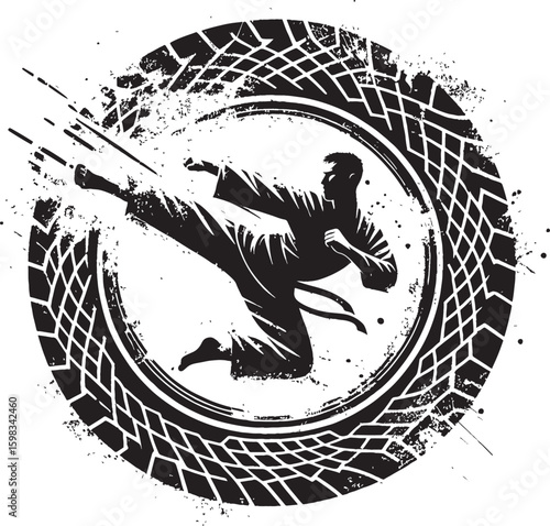  Stylized depiction of a martial artist executing a high kick against a striking patterned backdrop, visualizing motion and skill.