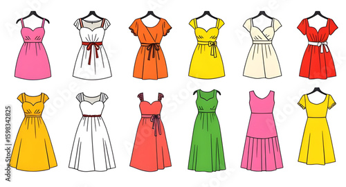 dress silhouettes vector, women clothing set, elegant dress vector, cocktail dress vector, evening dress vector, summer dress vector, casual dress vector, long dress vector, short dress vector, maxi d