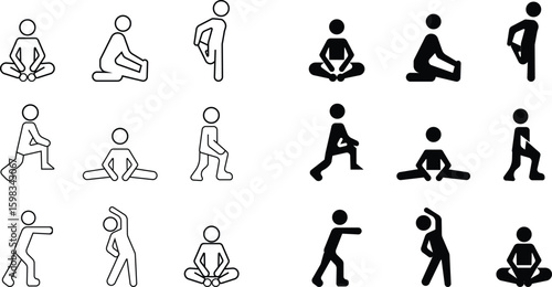 Man Stretching Yoga Exercise Icon set, Home workout icons stay safe vector template designs elements, exercises to relax tension muscle. depict techniques and postures of a man stretching work