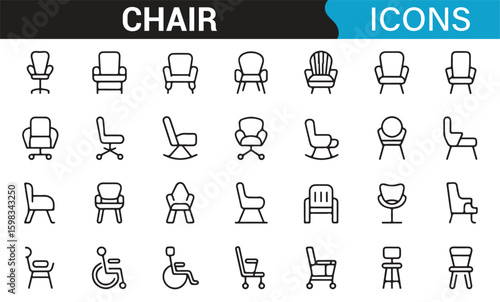 Set of chair icons for ergonomic, office, and relaxation furniture