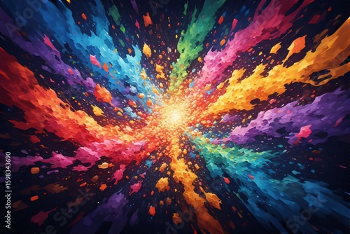 An explosion of vibrant colors radiates outwards from a central point of light, creating a dynamic and abstract pattern.