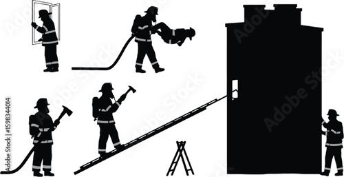 Vector art of silhouettes of firefighters in action, rescuing people and extinguishing a fire, showcasing their bravery and service