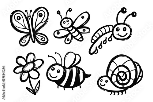 Εκτύπωση καμβά Cute Insects Illustration: A cheerful collection of cartoon insects, including a butterfly, bee, snail, caterpillar and flower, rendered in playful, childlike illustration