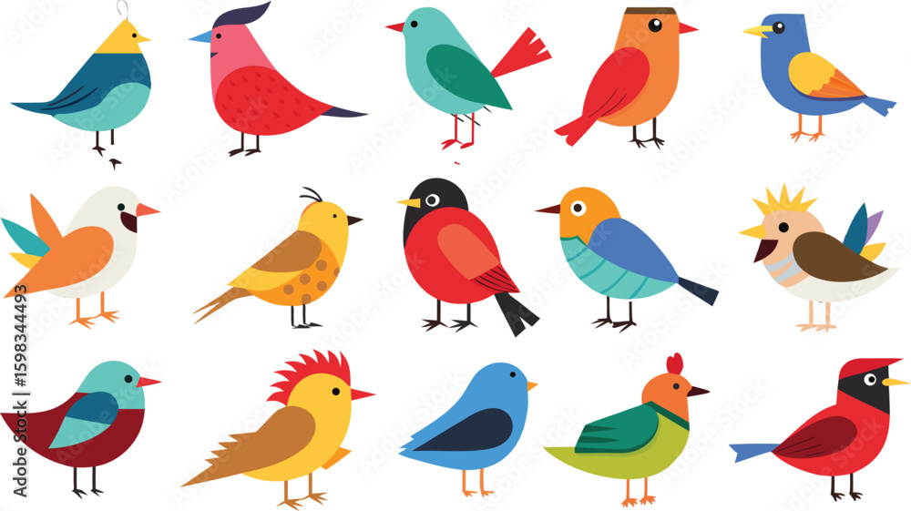 Obraz premium Vector art of a colorful assortment of cartoon birds with unique plumage, isolated on white background
