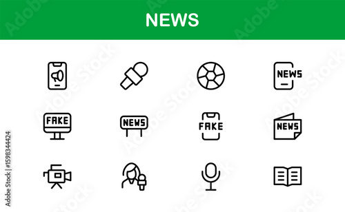 News insights delivered through minimalist clarity. Modern News line icon collection of 60 vector journalism, press, broadcast, headline, update glyphs