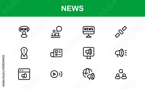 News insights delivered through minimalist clarity. Modern News line icon collection of 60 vector journalism, press, broadcast, headline, update glyphs