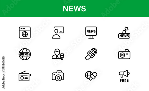 News insights delivered through minimalist clarity. Modern News line icon collection of 60 vector journalism, press, broadcast, headline, update glyphs