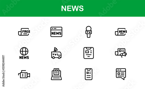 News insights delivered through minimalist clarity. Modern News line icon collection of 60 vector journalism, press, broadcast, headline, update glyphs