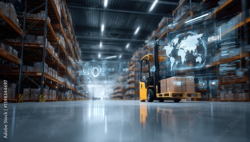 Fototapeta premium Modern warehouse with forklift and digital overlay