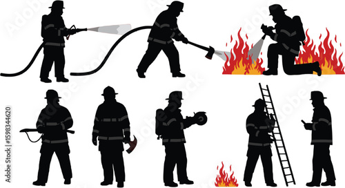 Vector art of silhouettes of firefighters battling flames with hoses and axes, showcasing their dedication and bravery in action