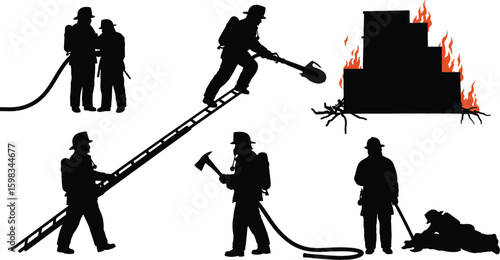 Vector art of silhouettes of firefighters in various rescue and firefighting scenarios, demonstrating their courage and commitment to safety