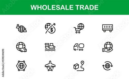 Wholesale Trade Business Supply Chain Distribution – Modern Professional Vector Line Icon Set, Minimal Scalable Symbols, Editable Stroke Assets