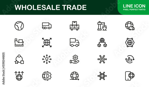 Wholesale Trade Business Supply Chain Distribution – Modern Professional Vector Line Icon Set, Minimal Scalable Symbols, Editable Stroke Assets