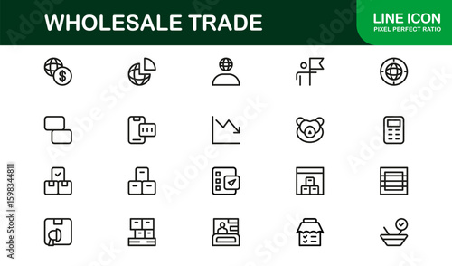 Wholesale Trade Business Supply Chain Distribution – Modern Professional Vector Line Icon Set, Minimal Scalable Symbols, Editable Stroke Assets