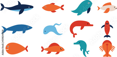  Vector art of a colorful collection of cartoon fish, including sharks and dolphins, isolated on white background