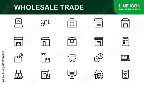 Wholesale Trade Business Supply Chain Distribution – Modern Professional Vector Line Icon Set, Minimal Scalable Symbols, Editable Stroke Assets