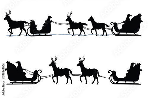 Christmas Santa's sleigh set.Vector black silhouette.Illustrations for laser, paper cutting, printing on T-shirts, mugs. Various animals harnessed to the sled. Isolated on white background. See Less
