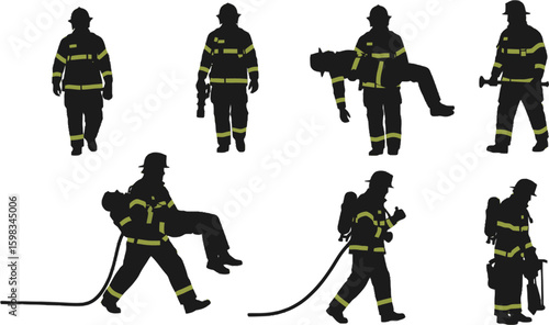 Vector art of silhouettes of firefighters in various rescue and firefighting scenarios isolated on white background