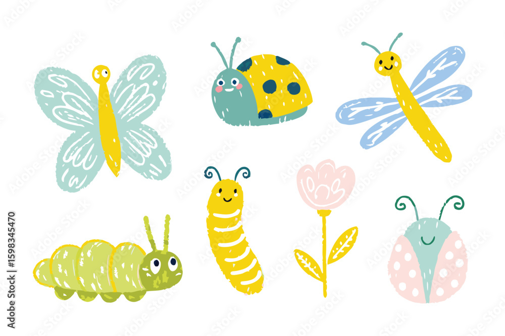 Cheerful Insect Collection: Charming hand-drawn illustrations of six friendly insects, including a butterfly, ladybug, dragonfly, caterpillar, worm and flower, on a vibrant background. Cheerful Insect Collection: Charming hand-drawn illustrations of six friendly insects, including a butterfly, ladybug, dragonfly, caterpillar, worm and flower, on a vibrant background.