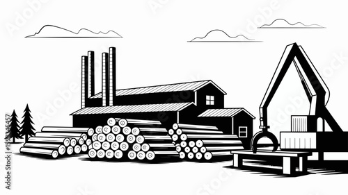 Lumber Mill Illustration with Stacked Logs and Crane Operation in a Natural Setting Depicting Wood Industry