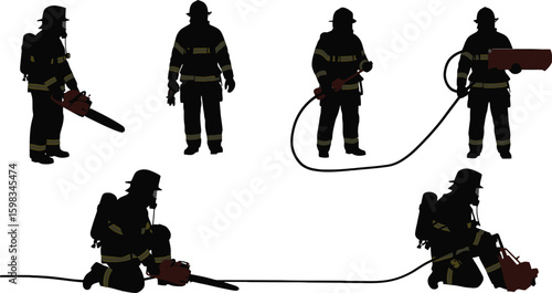 Vector art of silhouettes of firefighters using chainsaws and hoses in emergency situations isolated on white background