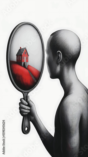 aceless man holding a mirror silhouette line art royalty free premium quality