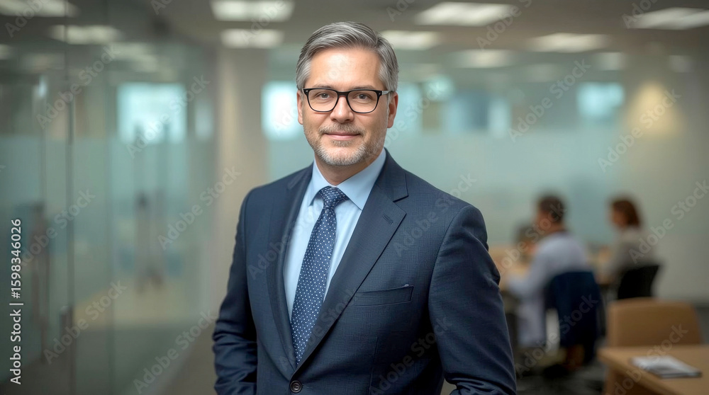 Fototapeta premium Successful mature businessman looking at camera with confidence. confident middle-aged man with short, graying hair and a neatly trimmed beard, wearing glasses