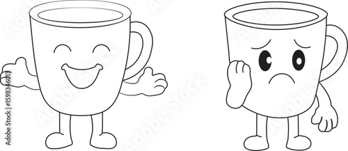 Coffee Cup Cartoon Faces – Happy & Sad Emotions Vector

