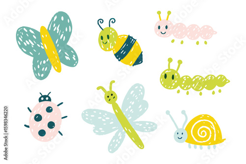 Whimsical Insect Illustration: A cheerful assortment of hand-drawn insect, each with its unique charm and personality. Delicate details and lively colors will bring a smile to any face