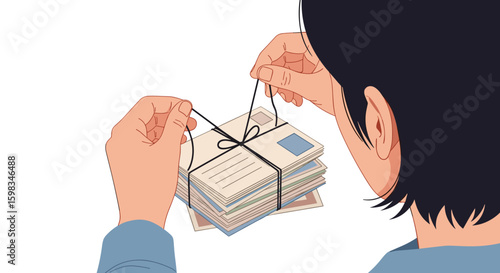  Person tying stack of letters in flat style on white background